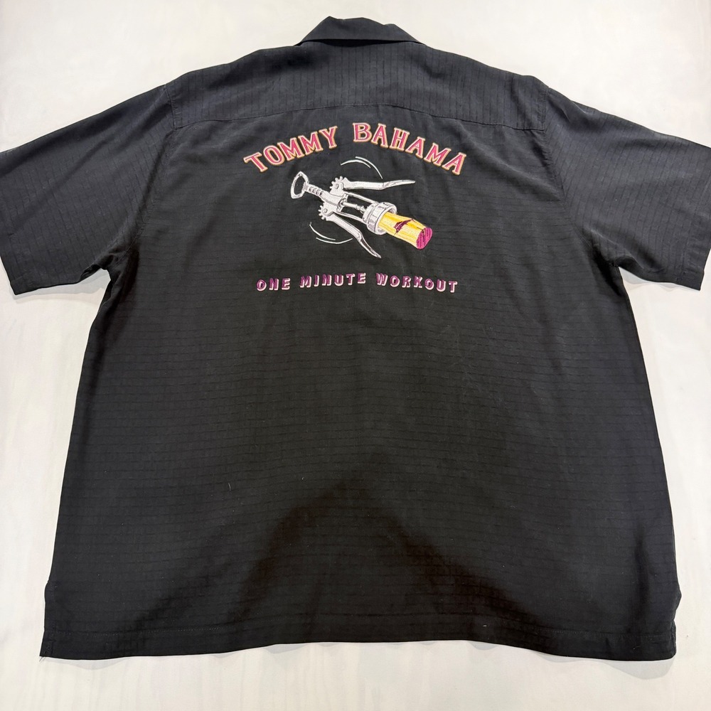 Tommy Bahama Silk Shirt XL Black One Minute Workout Embroidered Corkscrew Camp